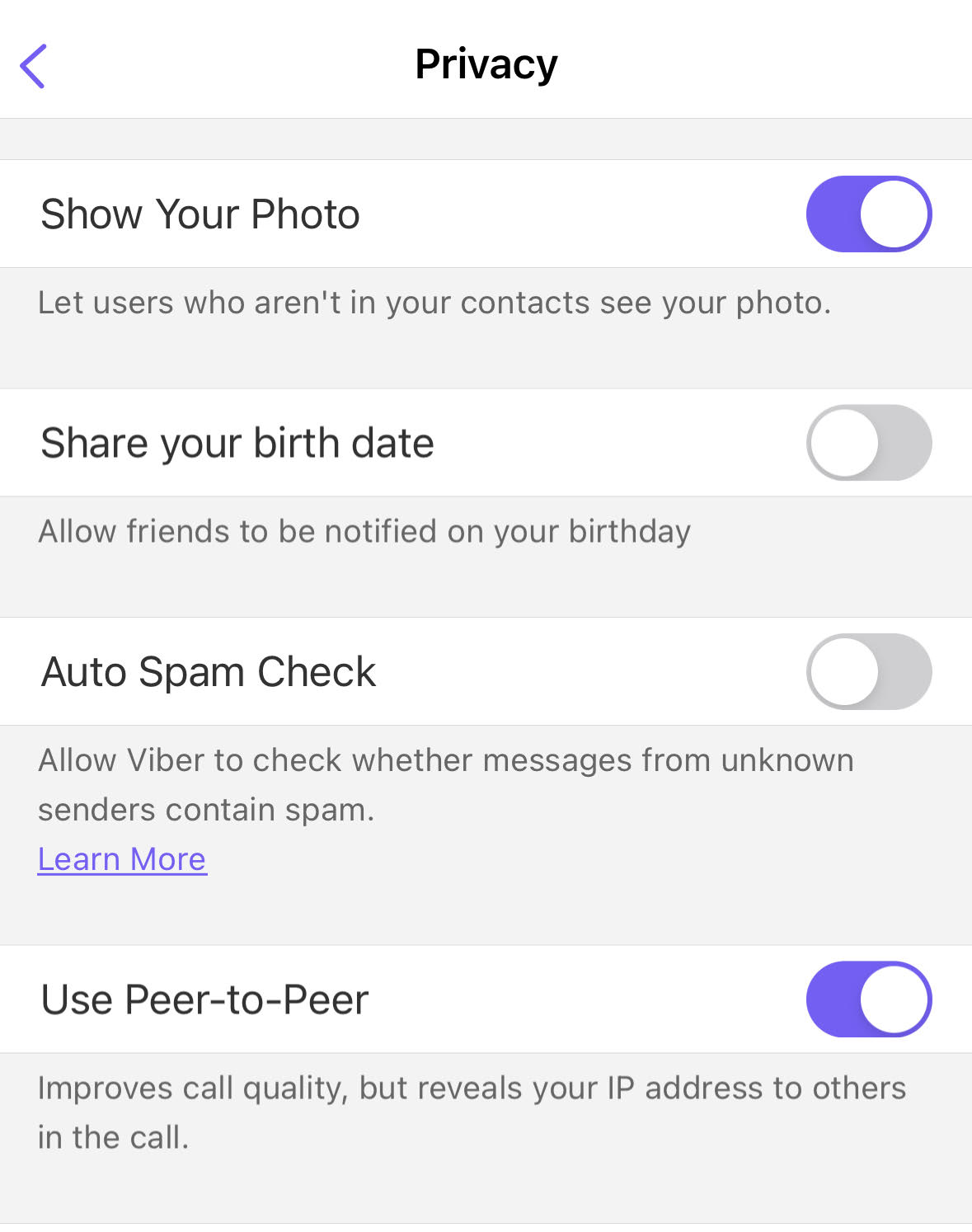 Setting in Viber to switch off peer-to-peer calls.