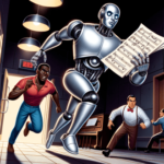 A silver humanoid robot holding sheet music runs away from two men through a music studio.