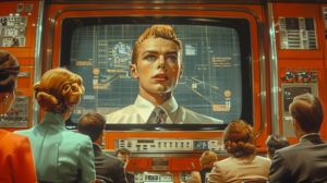 A blonde man stares out from a giant screen at a group of office workers in an orange 1960s themed office.